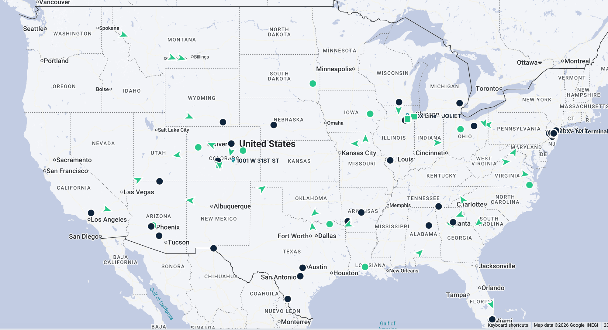 MDX Line live Samsara GPS tracking showing fleet positions across the United States